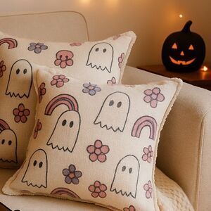 🎃 Halloween Ghost & Rainbow Throw Pillow Set – Goblin & Ghoul 🎃 LG 16” x 16” NWT